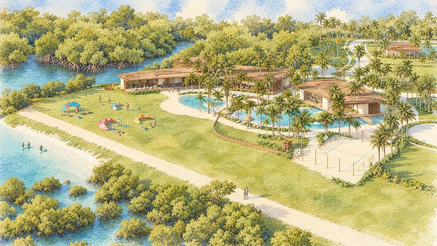 Aquarela aérea do Beach Club com piscina, gramado, mangue e o mar