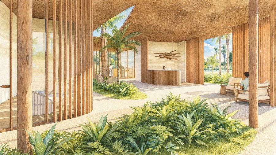 Aquarela da recepção da portaria, com ripados de madeira e jardim interno