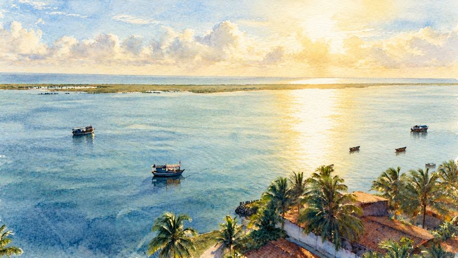 Aquarela do pôr do sol sobre o mar da Ilha do Guajiru, com barcos e coqueiros