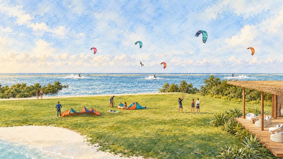 Aquarela do gramado da Kite School com kites armados e o mar ao fundo
