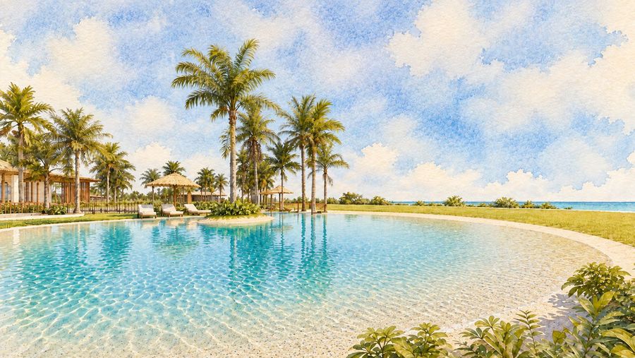 Aquarela da piscina lagoon de areia clara entre coqueiros