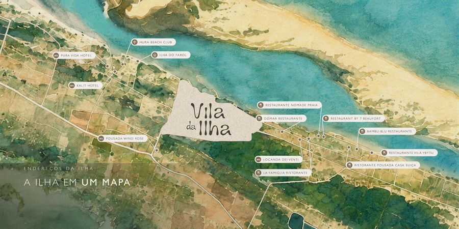Mapa em aquarela da Ilha do Guajiru com o Vila da Ilha marcado e os hotéis e restaurantes da ilha