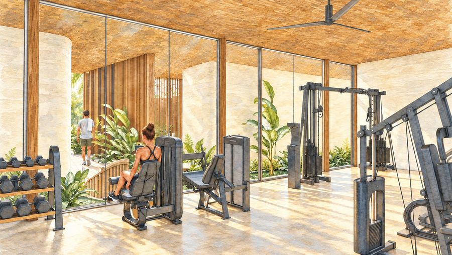 Aquarela da academia com vista para a piscina e os coqueiros