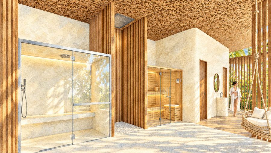 Aquarela do spa com sauna de madeira e chuveiros