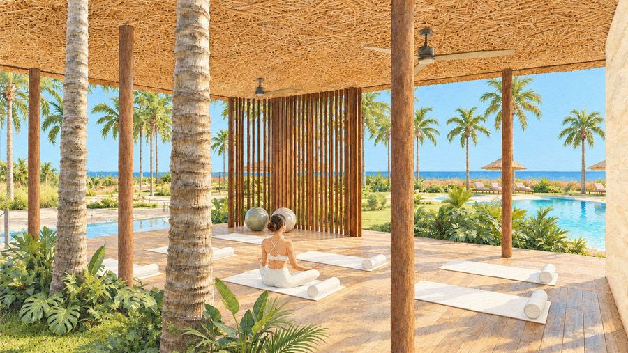 Aquarela da sala de yoga aberta para a piscina