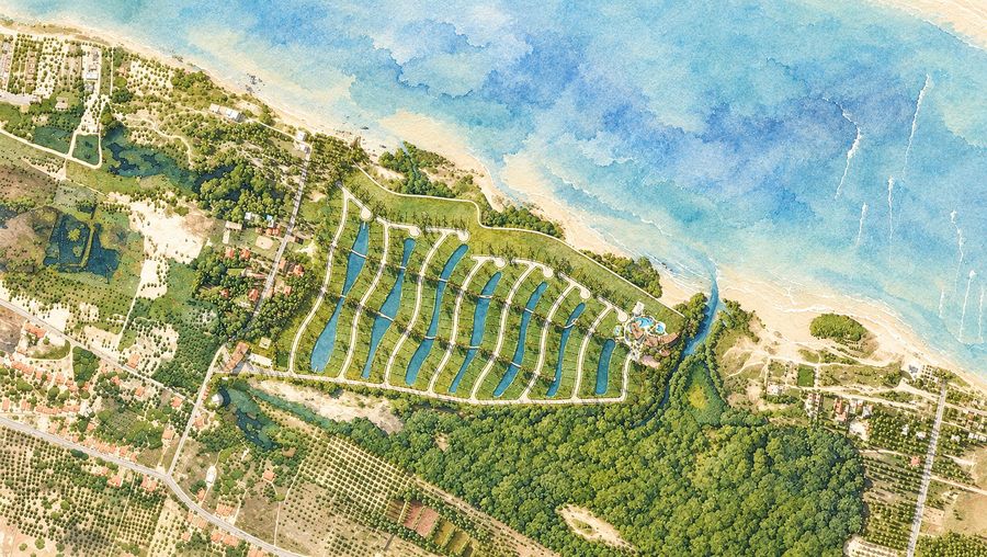 Masterplan do Vila da Ilha em aquarela, com as oito quadras em onda entre o mangue e o mar