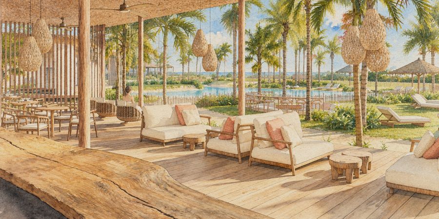 Aquarela do lounge do Raiz com sofás de frente para a piscina