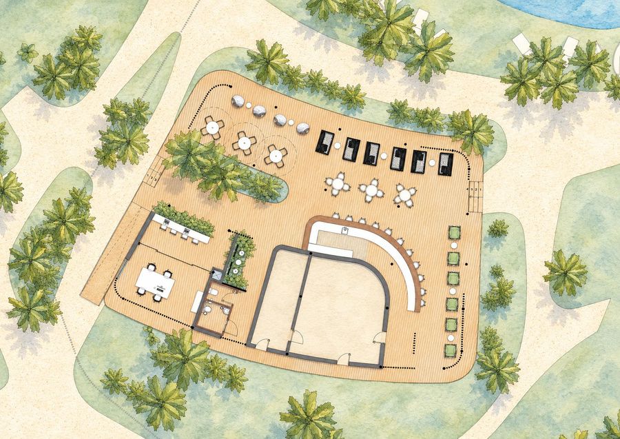 Planta humanizada do Raiz, bistrô e coworking
