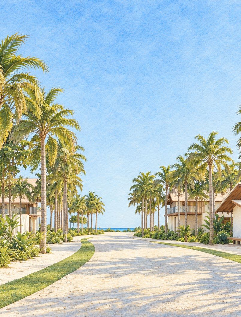 Aquarela de uma rua interna do Vila da Ilha de dia, com coqueiros e calçada gramada